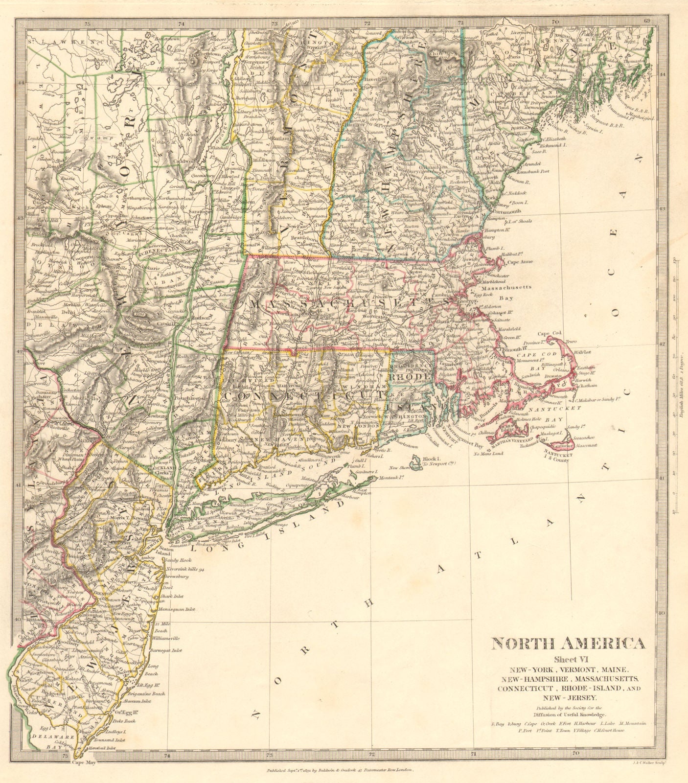 USA.New York Maine Massachusetts Connecticut New Jersey NH RI VT.SDUK 1848 map